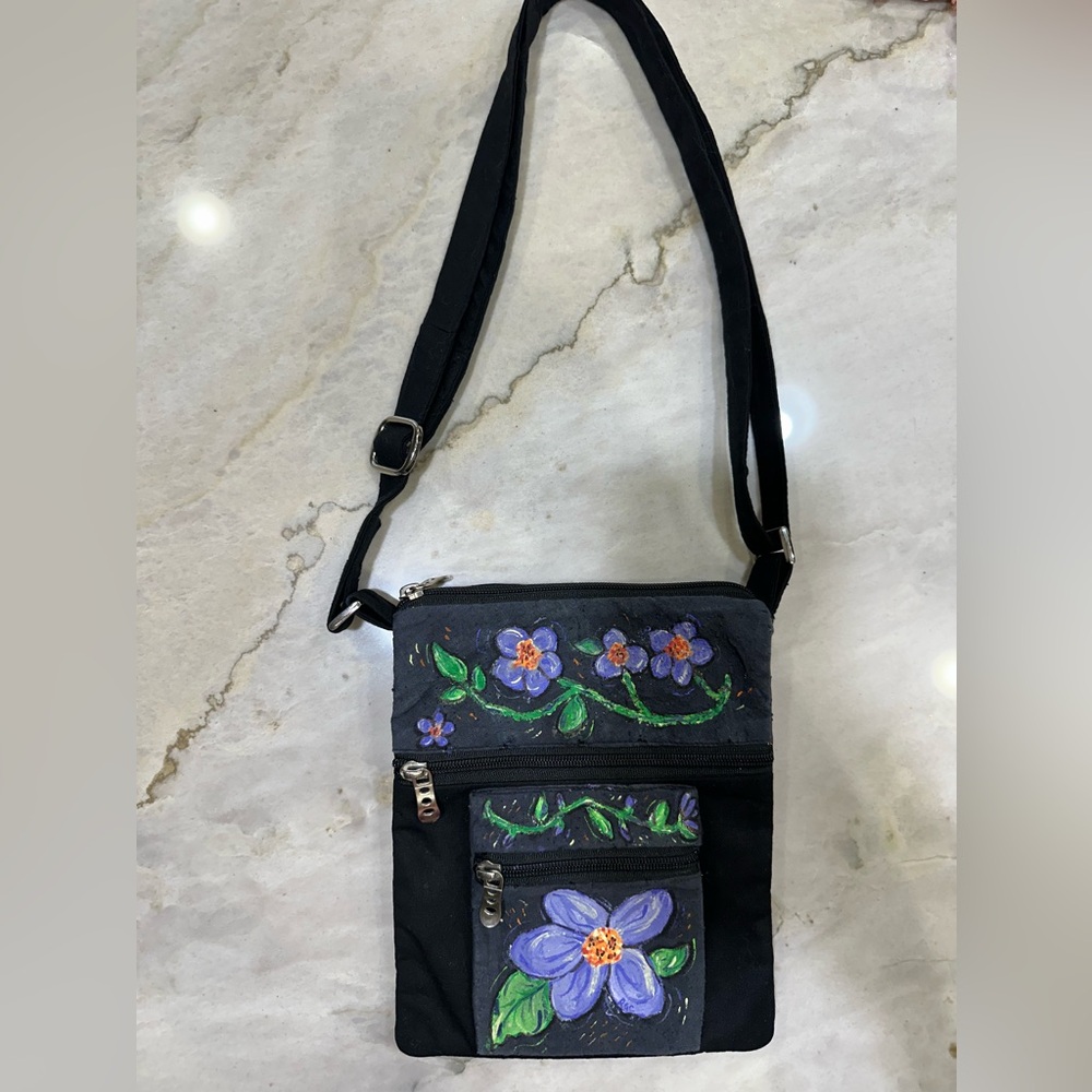 One of a Kind- Hand-Painted Floral Crossbody Bag - Black with Purple Flowers